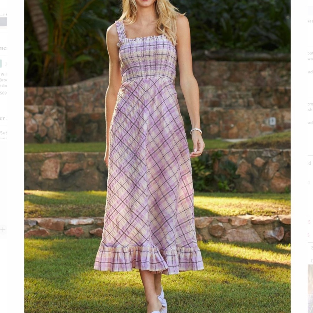 Boston Proper Smocked Plaid Seersucker Dress